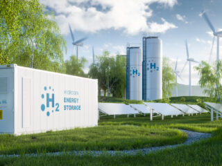 The concept of storing electrical energy in hydrogen by electrolysis. The system captures an electrolysis unit, storage tanks, solar and wind power plants on a lush lawn among the trees. 3d rendering