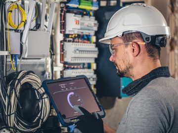 Man, an electrical technician working in a switchboard with fuses. Installation and connection of electrical equipment. Predictive & Preventive Maintenance.