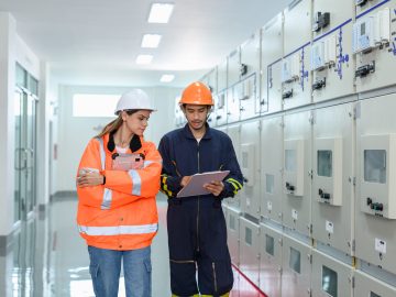 Electrical technician worker working and and discussing in control room of high voltage electric transformer station. Industrial business occupation worker concept.