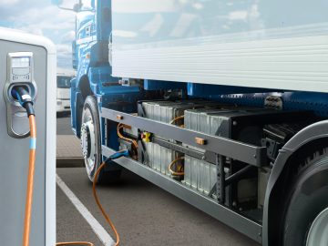 Electric truck batteries are charged from the charging station. Concept